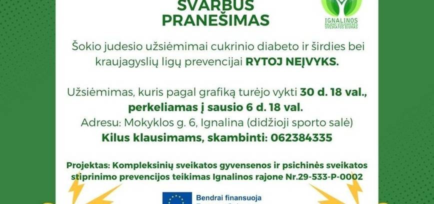 Šokio judesio užsiėmimai cukrinio diabeto ir širdies bei kraujagyslių ligų prevencijai