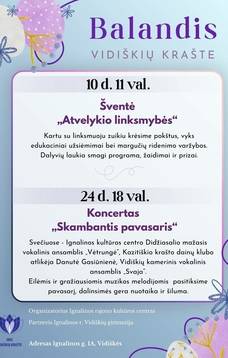 Balandžio mėnesio renginiai Vidiškių krašte