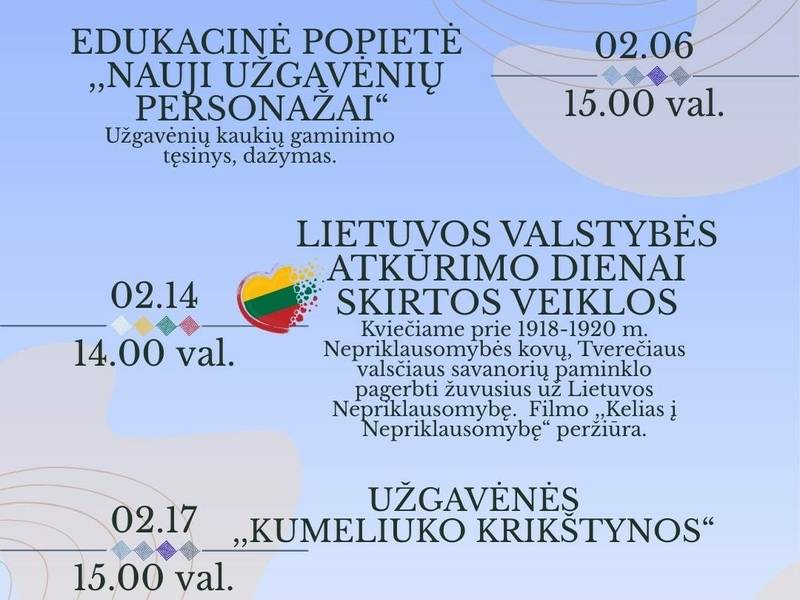 Vasario mėnesio renginiai Tverečiaus krašte