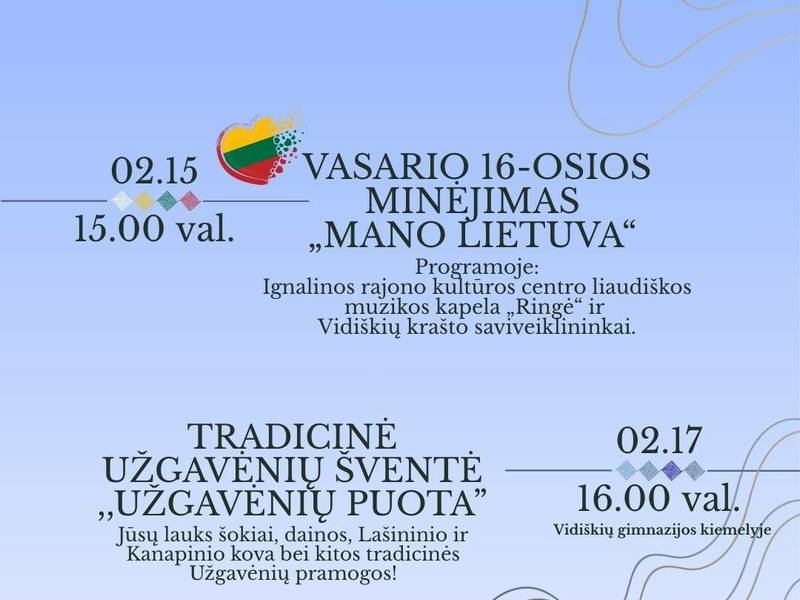 Vasario mėnesio renginiai Vidiškių krašte