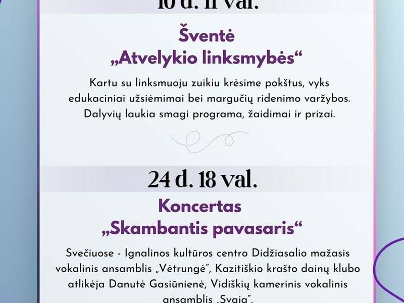 Balandžio mėnesio renginiai Vidiškių krašte