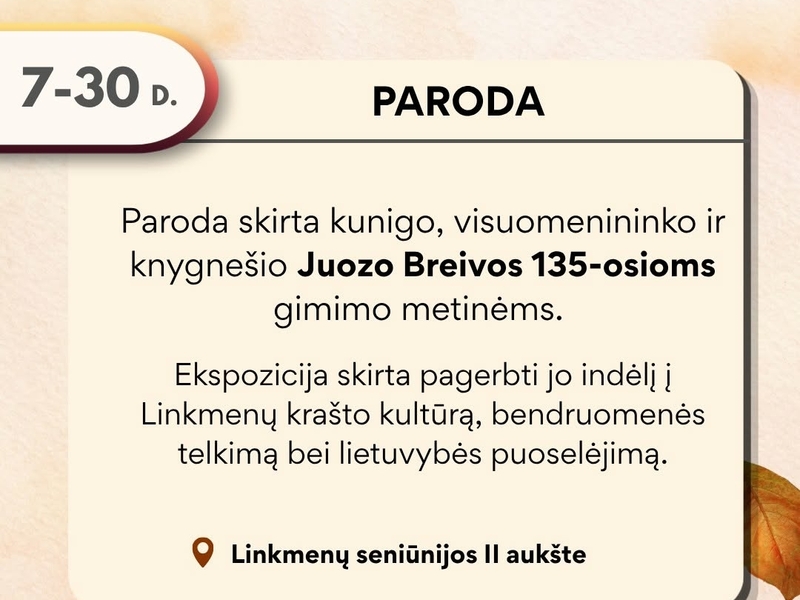 Paroda skirta kunigo, visuomenininko ir knygnešio Juozo Breivos 135-osioms gimimo metinėms.